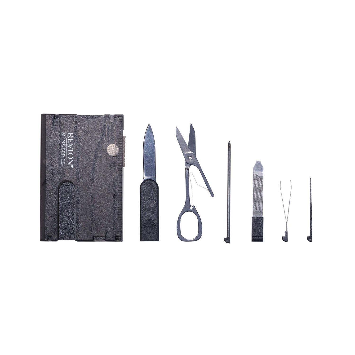 Revlon Men&#39;s Series 8 in 1 Multi Tool, 8 Pc Travel Grooming Kit includes Stainless Steel Scissors, Tweezers, Nail File, Reusable Toothpick, LED Light, Ruler, Knife, and Pen