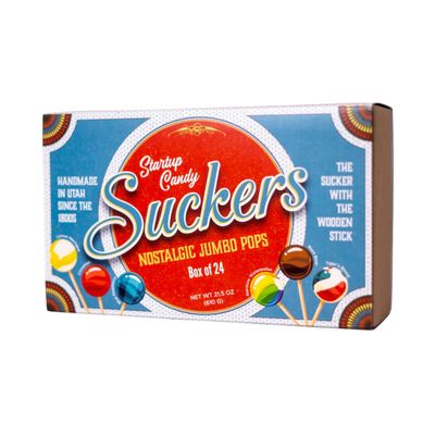Startup Candy Co. Suckers Nostalgic Jumbo Pops - Old-Fashioned Candy Box - Lemon Meringue, Rainbow Watermelon, Cinnamon, Root Beer, Tiger&#39;s Blood Blue Raspberry Flavors - Box of 24