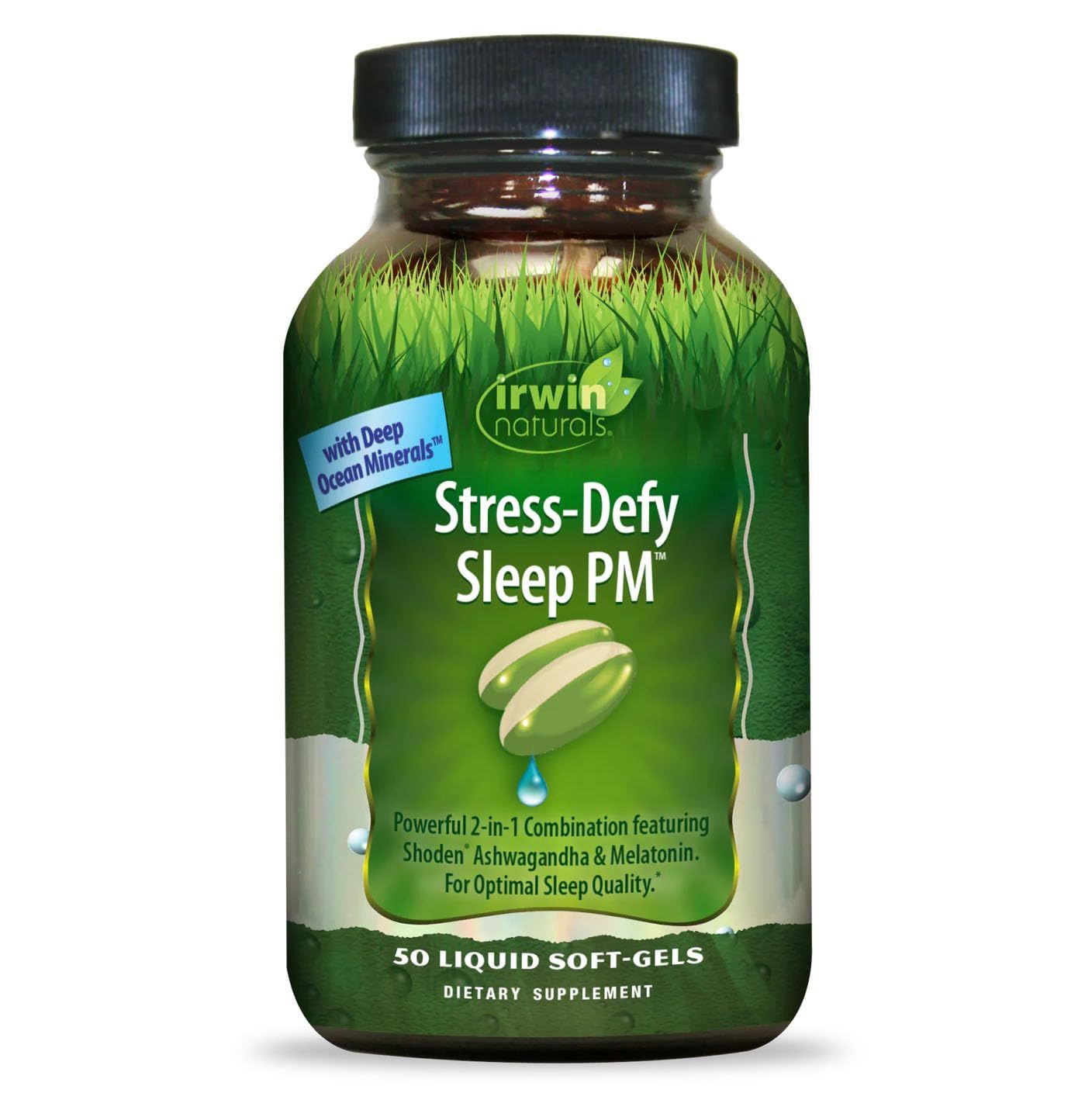 Irwin Naturals Stress-Defy Sleep PM - 50 Liquid Soft-Gels - Powerful 2-in-1 Combination with Ashwagandha Melatonin - 25 Servings