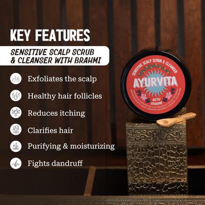 Ayurvita Brahmi Scrub Cleanser - Deep Exfoliation Cleansing - Best for Hair Care Hair Growth - Instant Relief for Irritated Scalps - Restorating Ayurvedic Hair Exfoliator for Men Women - 6.7oz