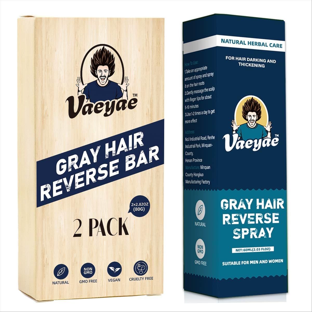 Natural Gray Hair Reverse Spray 2Pcs Black Shampoo and Conditioner Bar 2 in 1 Set, Men Women Shampoo Bar for Grey Reducing, Hair Thickening Darkening, Polygonum Herbal Hair Growth Serum Mist