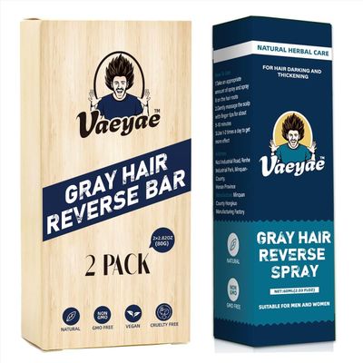 Natural Gray Hair Reverse Spray 2Pcs Black Shampoo and Conditioner Bar 2 in 1 Set, Men Women Shampoo Bar for Grey Reducing, Hair Thickening Darkening, Polygonum Herbal Hair Growth Serum Mist