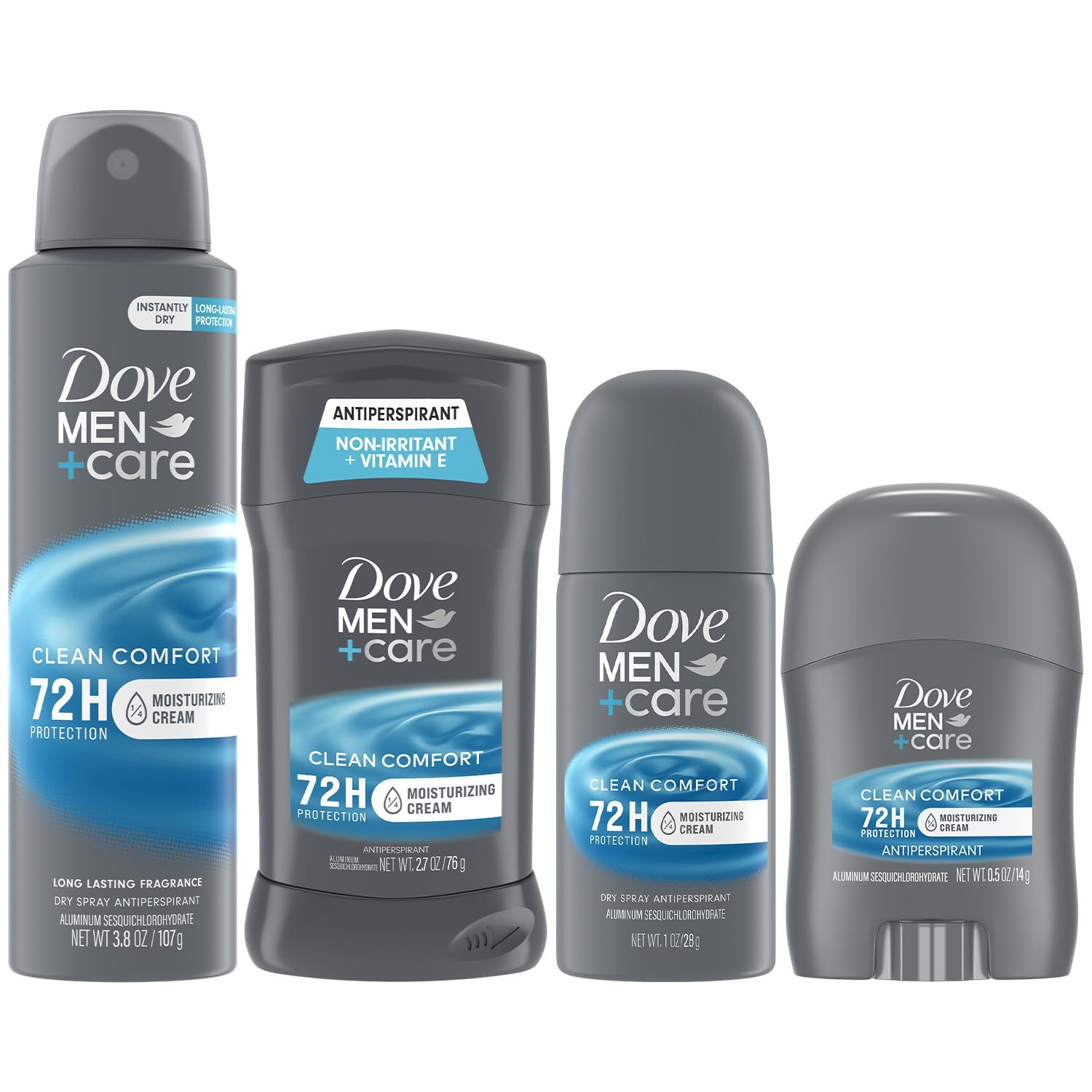 Dove Men Care Clean Comfort Antiperspirants -Mens Antiperspirant Spray Stick, Full and Travel-Size Sets, 72H Protection (4 Piece Set)