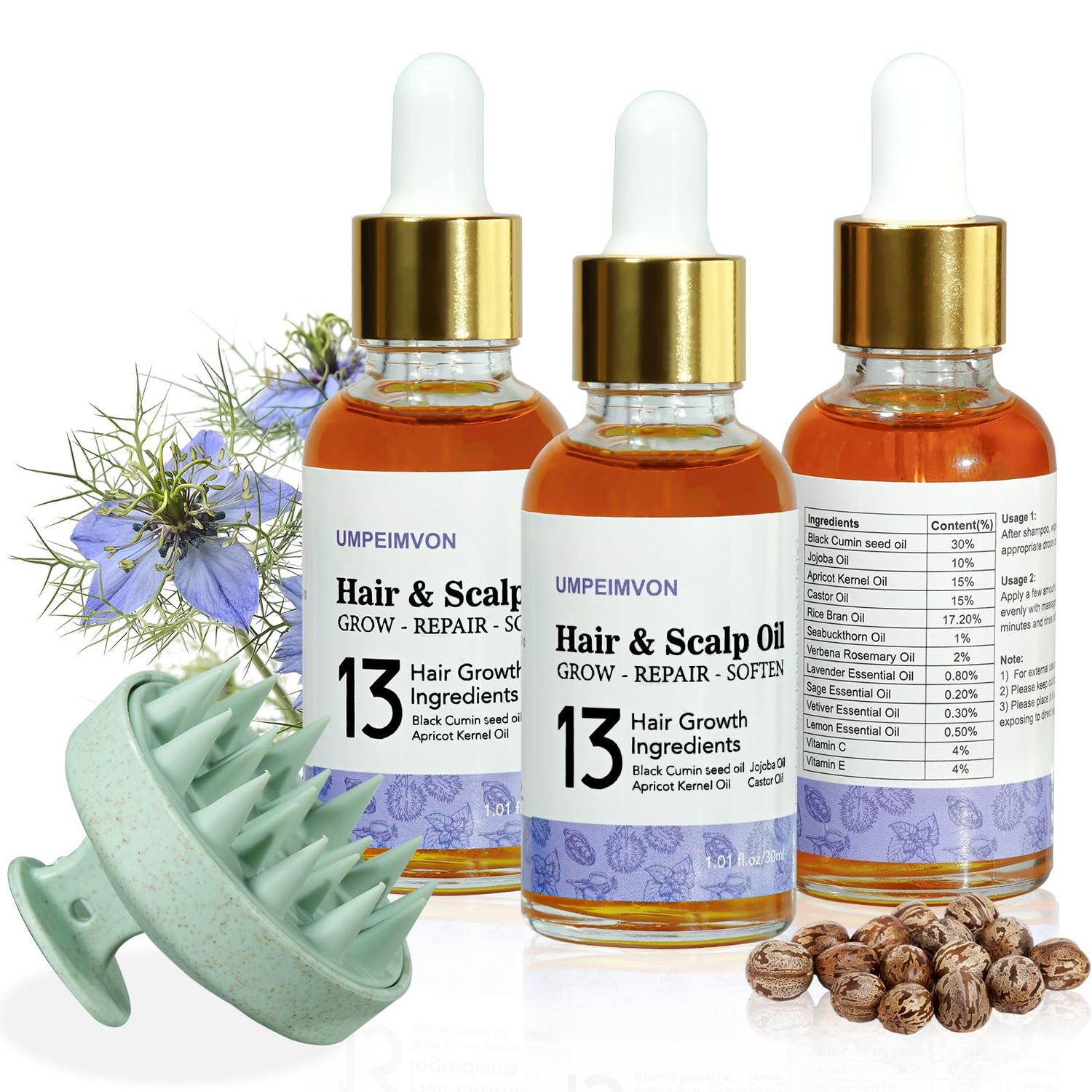 Umpeimvon 3 Pack Hair Oil for Frizzy Dry Hair, Travel Size, 15 Castor Rosemary Oil Infused, Organic Black Seed Oil Repair Strengthen, Herbal Scent