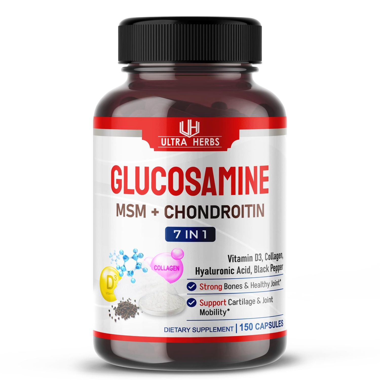 Glucosamine Chondroitin MSM - Joint Mobility Support Supplement Enhanced with Collagen, Hyaluronic Acid, Vitamin D3 150 Capsules