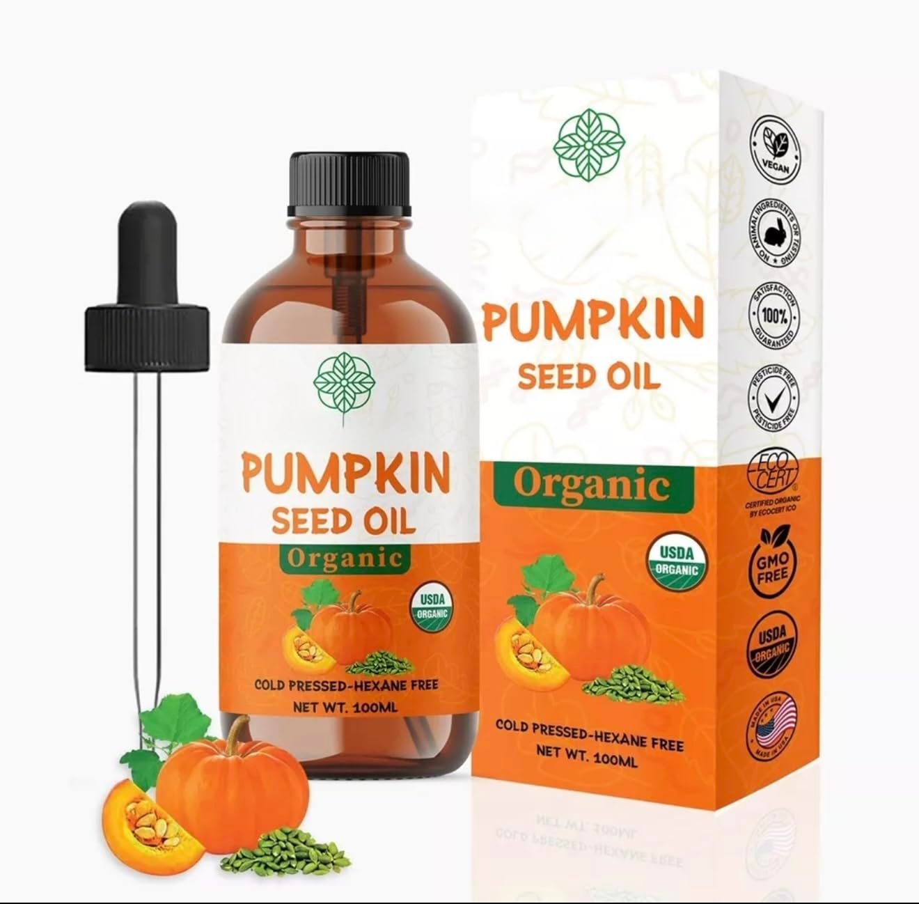 100ML USDA Organic Pumpkin Seed Oil - Cold Pressed, 100 Pure for Hair Growth Skin Care - Nourishing, Hydrating, and Anti-Aging Formula Dry Damaged Hair and Growth - Virgin Cold Pressed Unrefined