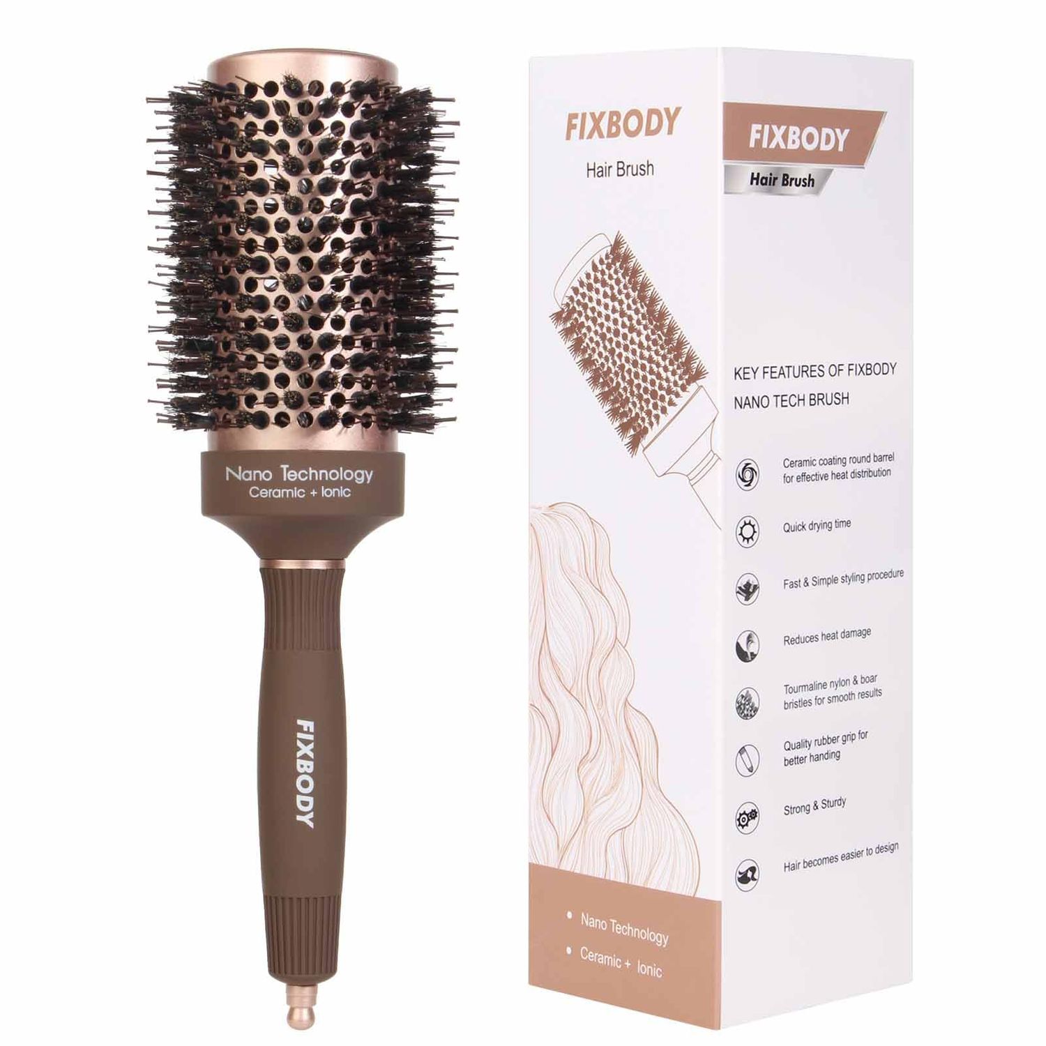FIXBODY Hair Brush, Round Brush for Blow Drying, Curling, Styling, Nano Thermal Ceramic Ionic Tech, Boar Bristle, 3.3 inch, 2 inch Barrel, for Women, Volume Shine, Brown, Hair Brush for Thick Hair