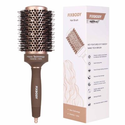 FIXBODY Hair Brush, Round Brush for Blow Drying, Curling, Styling, Nano Thermal Ceramic Ionic Tech, Boar Bristle, 3.3 inch, 2 inch Barrel, for Women, Volume Shine, Brown, Hair Brush for Thick Hair