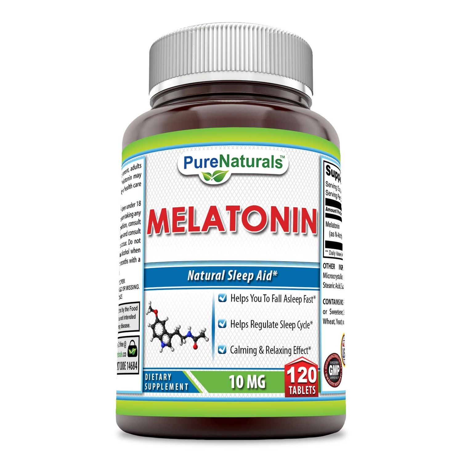 Pure Naturals Melatonin Supplement 10 Mg Per Serving 120 Tablets Non-GMO Gluten-Free Made in USA