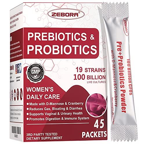 ZEBORA Probiotics-for-Women 100-Billion-CFUs with Prebiotics, D-Mannose Cranberry for Digestive, Immune, Feminine UT Health Support, Ultimate Probiotic Women&#39;s Care, Soy Gluten Free, 45 Packets