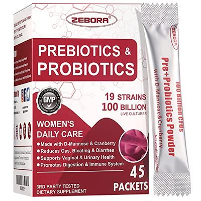 ZEBORA Probiotics-for-Women 100-Billion-CFUs with Prebiotics, D-Mannose Cranberry for Digestive, Immune, Feminine UT Health Support, Ultimate Probiotic Women&#39;s Care, Soy Gluten Free, 45 Packets