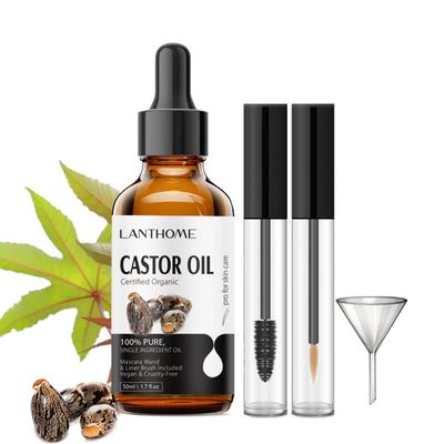 Lanthome Organic Castor Oil Cold Pressed Certified (1.7 Floz with Eyelash Kit), Black Castor Oil for Eyelashes, Eyebrows Skin Moisturizer, Hair Growth Hexane Free