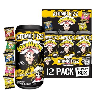 WARHEADS Atomic Fizz - Extreme Sour Fizzing Hard Candy - Sour Apple, Black Cherry, Blue Raspberry, Lemon Watermelon Flavors - 1.48 oz Canisters - 12 Pack Display Box
