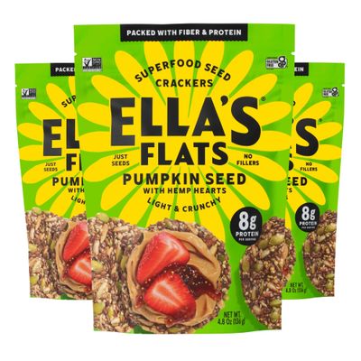 ELLAS FLATS Pumpkin Seed with Hemp Hearts, All Seed Savory Crisps - All Natural, Gluten Free, Good Source of Protein, High Fiber, Vegan and Keto Friendly (3 Pack)