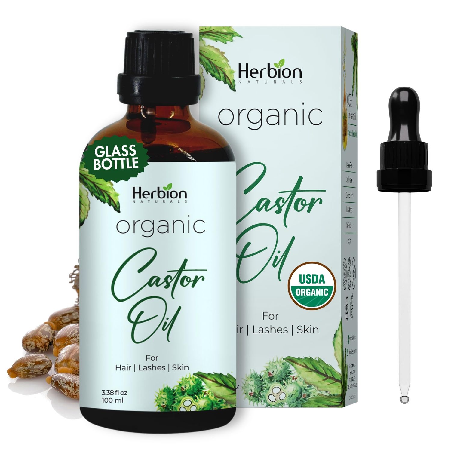 Herbion Naturals Organic Castor Oil USDA Certified, 100 Pure, Cold Pressed, Hexane-Free. Moisturizer Hair Treatment. Glass Bottle wDropper, 3.4 Fl Oz (Pack of 1)