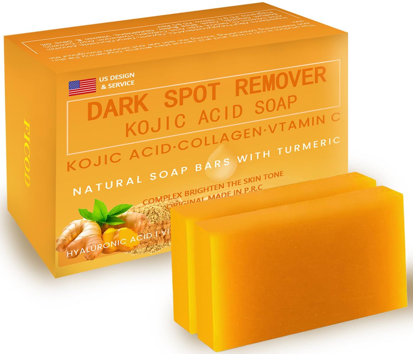 Ficod Kojic-Acid-Soap, 2Pack Turmeric Soap for Dark spots with Vitamin C, Vitamin E,Retinol, Collagen, Turmeric - Original,Olive Oil,Hyaluronic Acid for Reduces Dark Spots