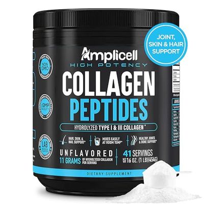 AMPLICELL Multi Collagen Peptides Powder - Hydrolyzed Type 1 3 for Hair, Skin, Nails Joints - Unflavored, Grass-Fed, Keto Paleo Friendly for Women Men - 41 Servings