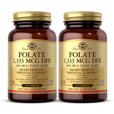 SOLGAR Folate 1,333 mcg DFE (Folic Acid 800 mcg) - 250 Tablets, Pack of 2 - Prenatal Support - Non-GMO, Vegan, Gluten Free, Dairy Free, Kosher, Halal - 500 Total Servings