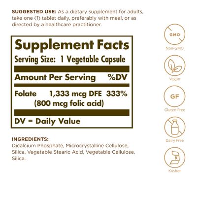 SOLGAR Folate 1,333 mcg DFE (Folic Acid 800 mcg) - 250 Tablets, Pack of 2 - Prenatal Support - Non-GMO, Vegan, Gluten Free, Dairy Free, Kosher, Halal - 500 Total Servings