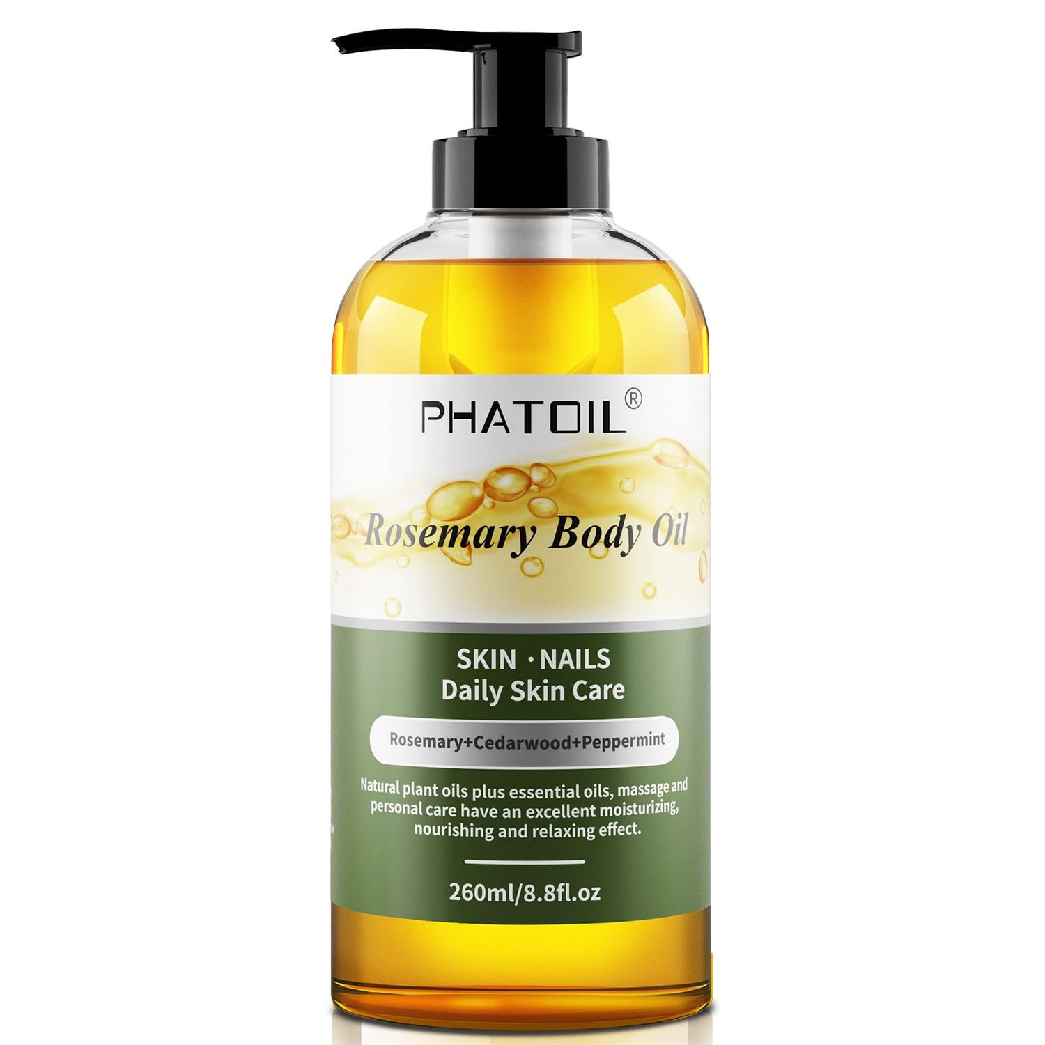 PHATOIL Rosemary Body Oil After Shower with Pump, 260 ml (8.8 fl.oz) Premium Quality Massage Oil Body Oils for Dry Skin, Rosemary Oil for Hair, Blends of Natural Plant Oils and Essential Oils