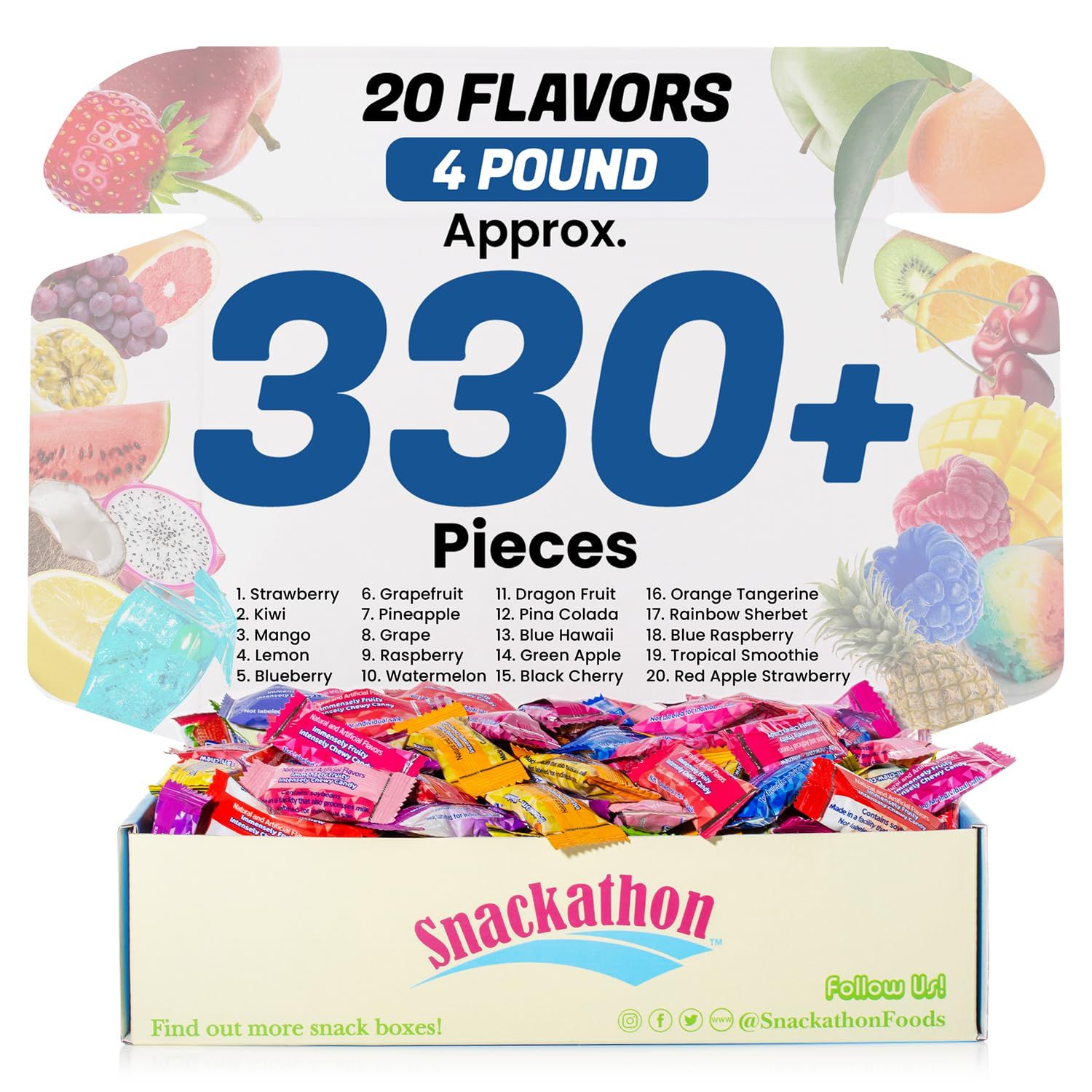 Hi Chew 20 Flavors, Bulk 330 Pieces, 4 Pound (Strawberry, Mango, Green Apple, Grape, Pineapple, Kiwi, Dragon Fruit, 3 Berries, Orange Tang, Apple Strawberry, Raspberry, Blue Hawaii, Rainbow Sherbet)