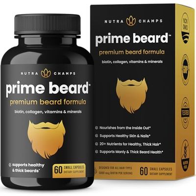 NutraChamps Prime Beard Vitamins Manly, Thick, Fast Healthy Facial Hair for Men Beard Vitamins with Biotin, Collagen Saw Palmetto Beard Pills for All Hair Beard Types