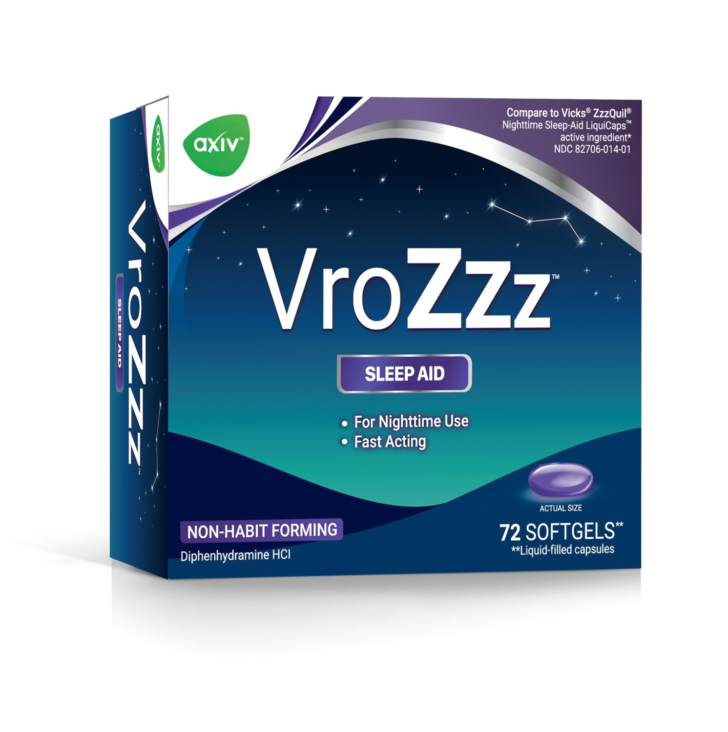 AXIV VrozZZ Sleep Aid Softgels, Nighttime Sleep Aid Liquid-Filled Capsules, for Nighttime use, Non-Habit Forming, 25mg Diphenhydramine HCI, Fall Asleep Fast, 72 Count