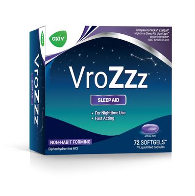 AXIV VrozZZ Sleep Aid Softgels, Nighttime Sleep Aid Liquid-Filled Capsules, for Nighttime use, Non-Habit Forming, 25mg Diphenhydramine HCI, Fall Asleep Fast, 72 Count