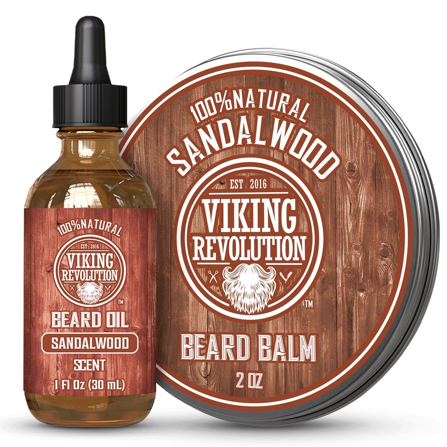 Viking Revolution Sandalwood Beard Balm for Men (2oz) and Sandalwood Beard Oil (1 fl oz) Bundle - With Argan and Jojoba Oils - Soften and Moisturize your Beard - Stocking Stuffers for Men