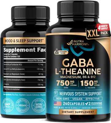 GABA L-Theanine 900 mg - Made in USA - Magnesium Vitamin B6 - Calm, Sleep, Relaxation Mood Support - 750 mg Gamma AminoButyric Acid, 150 mg L-Theanine - Non-Habit Forming, Vegan - 240 Capsules