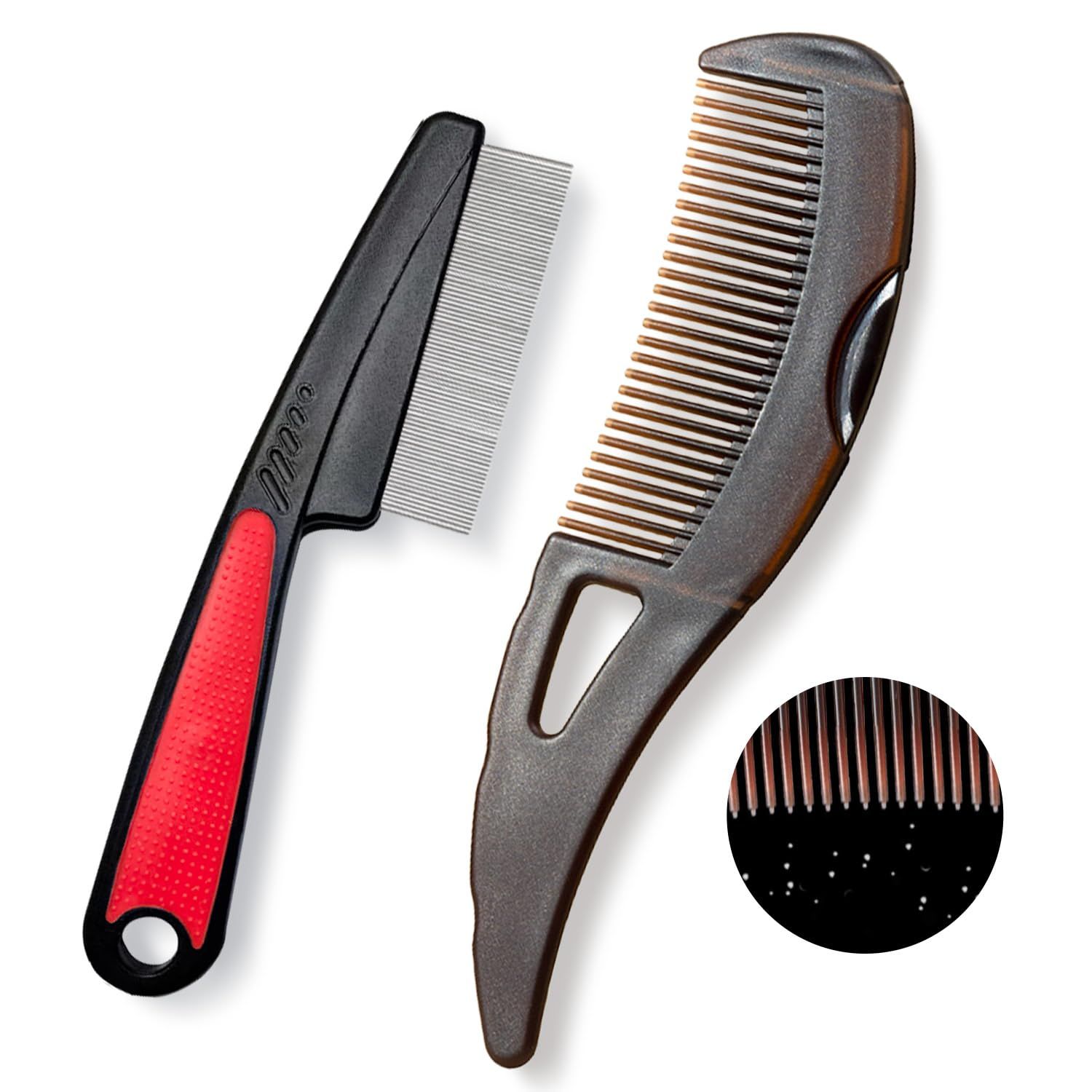 Dandruff Comb, Stainless Steel Fine Tooth LiceFleaPsoriasis Comb, Scalp Oil Buildup Removal Wide Hollow Tooth Button Hairbrush for Scalp Massage Care for Man Women and Kids, Set of 2 (Red)