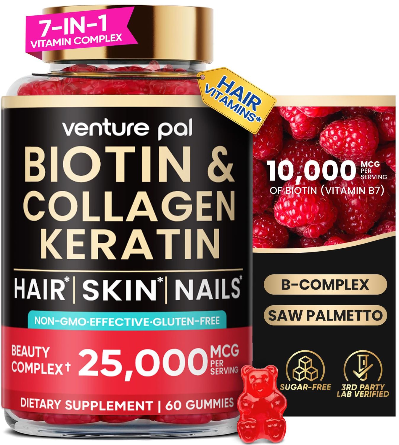 Venture Pal Biotin Gummies with Collagen Keratin - Hair Growth Support Skin and Nail Strength Vitamins for Women Men - Biotin 10000mcg B-Complex Saw Palmetto - Sugar Free, Non-GMO, 60ct