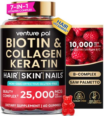 Venture Pal Biotin Gummies with Collagen Keratin - Hair Growth Support Skin and Nail Strength Vitamins for Women Men - Biotin 10000mcg B-Complex Saw Palmetto - Sugar Free, Non-GMO, 60ct