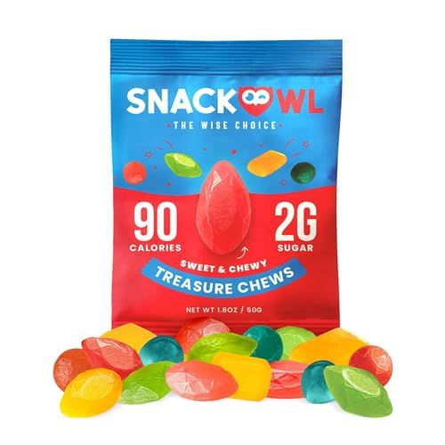 Snack Owl Vegan Sour Gummy Candy - Gluten Free, Low Calorie Candy - Guilt Free Delicious Healthy Gummy Snacks - (Treasure Chews)