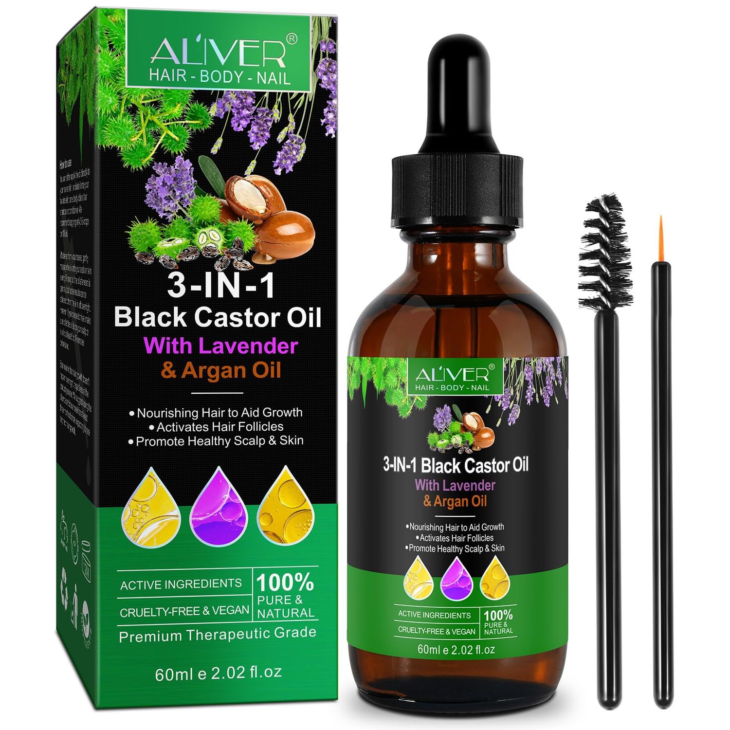 leyosger Black Castor Oil 3 in 1, Lavende r Argan oil, Stimulates New Hair Growth, Volume and Shine, Nourishes the Scalp, 100 Pure Natural, 60Ml