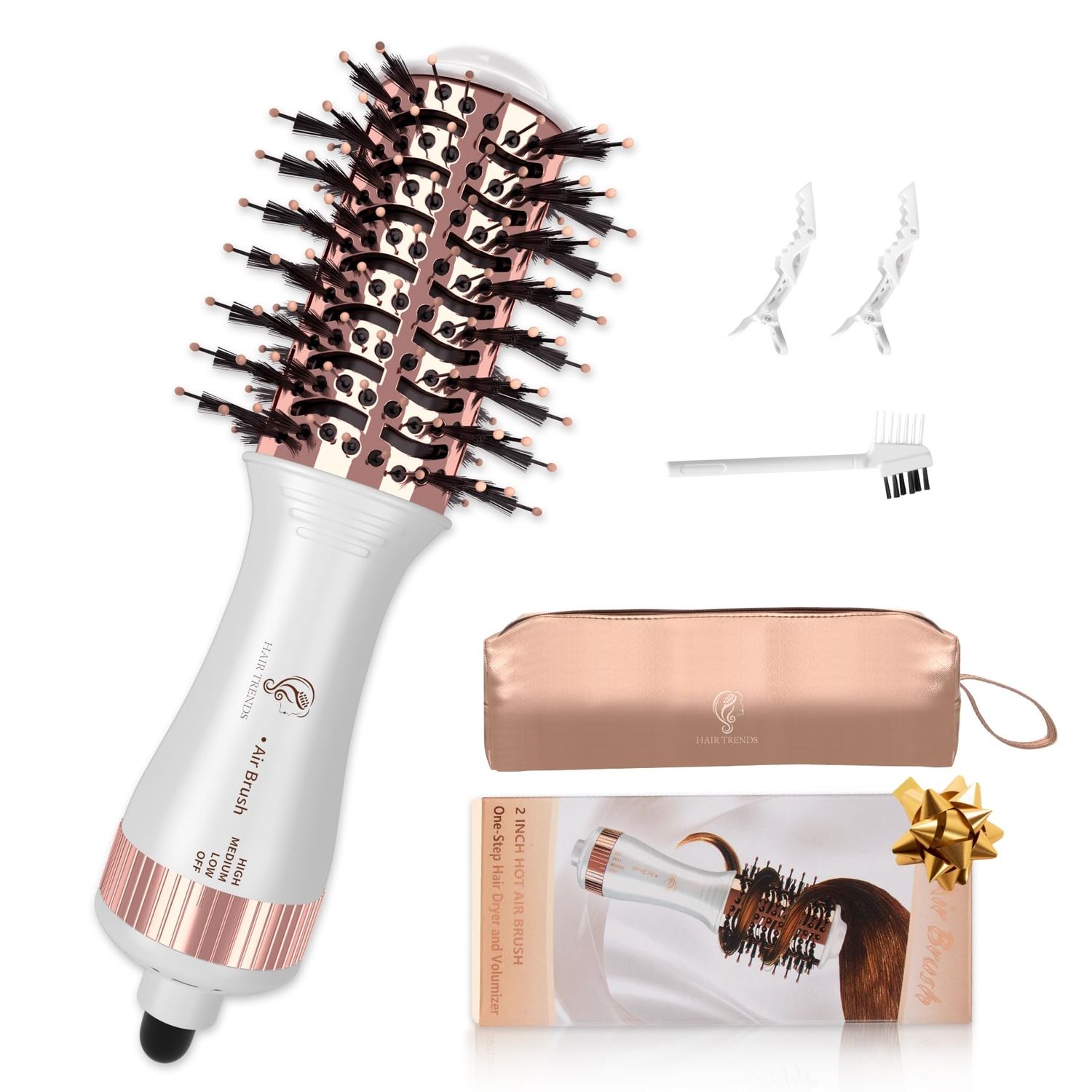 Hair Trends Travel Hair Dryer Brush, Nano Titanium 2 Inch One Step Hair Dryer Styler Volumizer, Mini Oval Hot Air Brush, White and Rose Gold, HB004