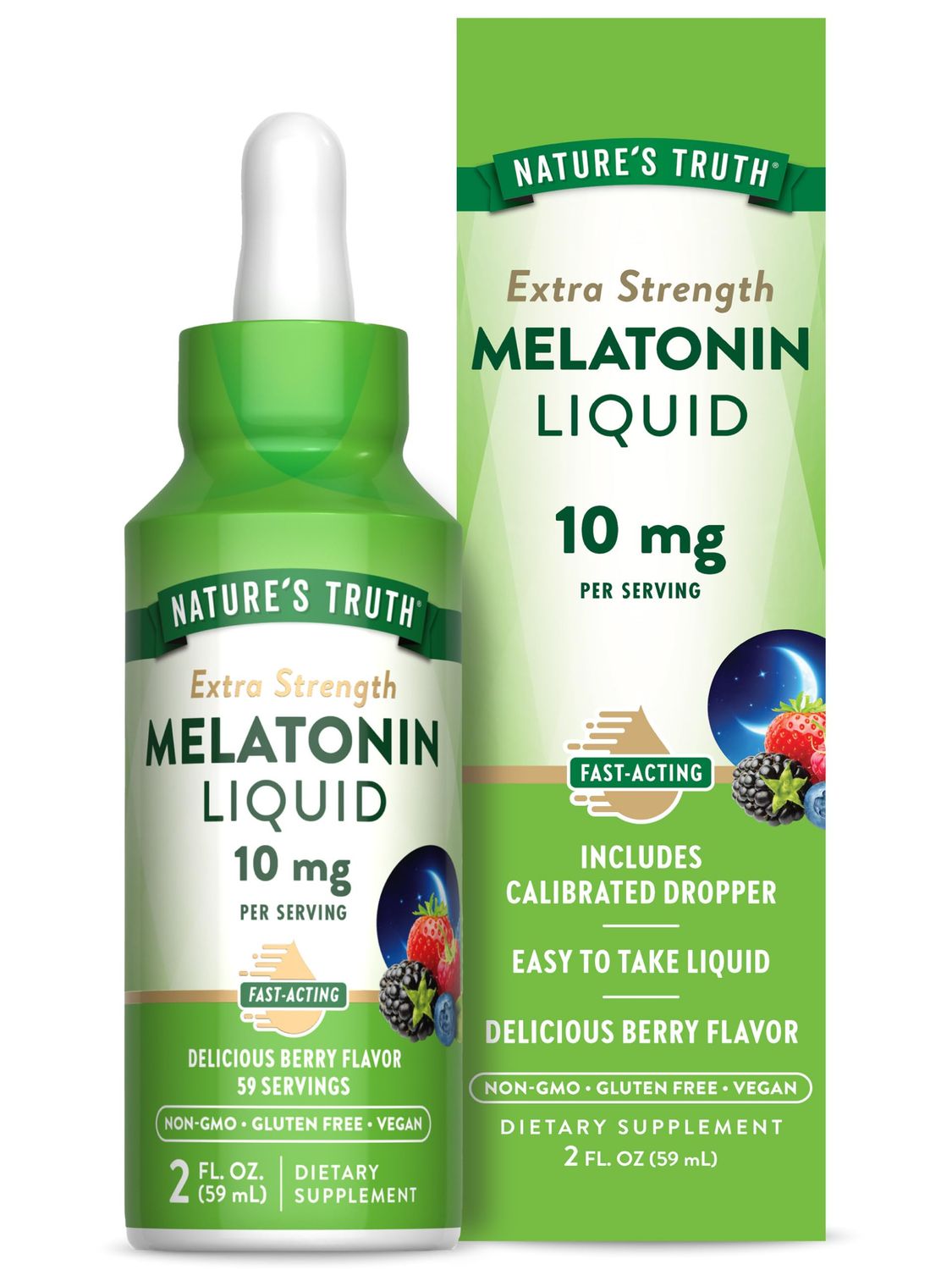 Nature&#39;s Truth Melatonin Liquid 10 mg 2 Fl oz Maximum Strength for Adults Berry Flavor Vegetarian, Non-GMO, Gluten Free Supplement