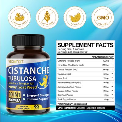 VEGATOT 10 in 1 High Strength Cistanche Tubulosa Tribulus Terrestris Horny Goat Weed Concentrated Boost Energy Stamina Strength - Made in The USA