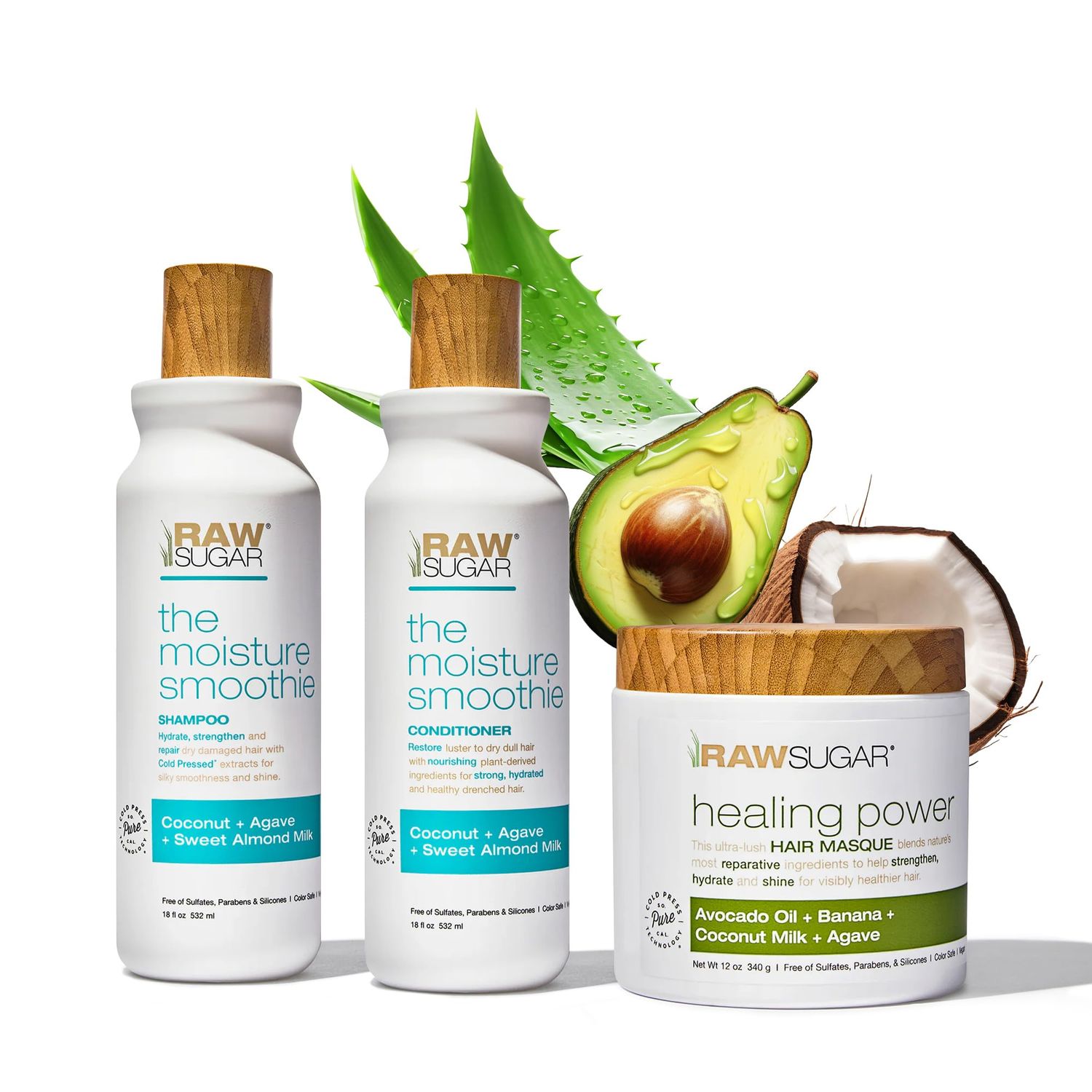 Raw Sugar Moisture Smoothie Hair Masque Bundle - Shampoo Conditioner for Dry Damaged Hair, Sulfate Paraben Free