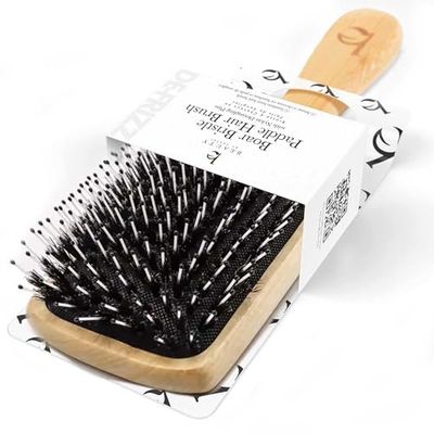 Boar Bristle Paddle Hair Brush - Smoothing Wood Brush for Thick, Curly Wavy Hair, Detangling Natural Bristles for Women, Stimulates Scalp