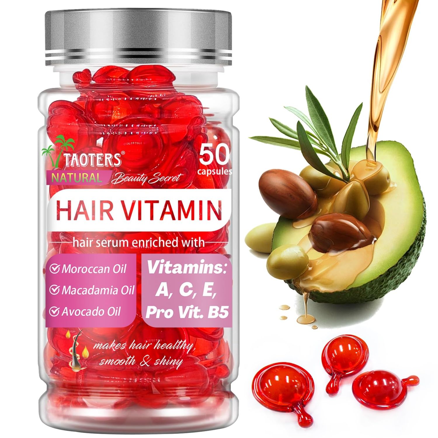 TAOTERS Hair Vitamin Oil Capsules 1 Pack vitaminas para el Cabello Hair Serum Oil for Women Men&#39;s Frizzy Damaged Hair Care Vitamin A, E, Pro B5 Conditioner - 50 Capsules