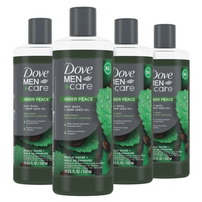 Dove MenCare Body Wash Holy Basil Hemp Seed Oil 4 Count to Rebuild Skin in the Shower with Plant-Based Cleansers and Moisturizers 18 oz
