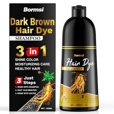 BORMSI Dark Brown Hair Dye Shampoo 3 in 1 with Herbal Natural Ingredients, Hair Color Shampoo for Women or Men for Instant Gray Hair Coverage, Lasting 30 Days, Champu Para Canas Mujer (500ml)