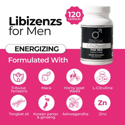 ZENZSUAL LibiZenzs Men - Natural Dietary Supplement Blend with Ginseng, Maca Root, Ashwagandha - Increases Testosterone Levels - Gluten Free (120 Capsules)