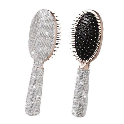 1 Pack Rhinestone Hair Brush Detangling Bling Detangle Massage Sparkle Compact Comb Crystal Air Cushion for Women Wet Dry (Silver-Round)