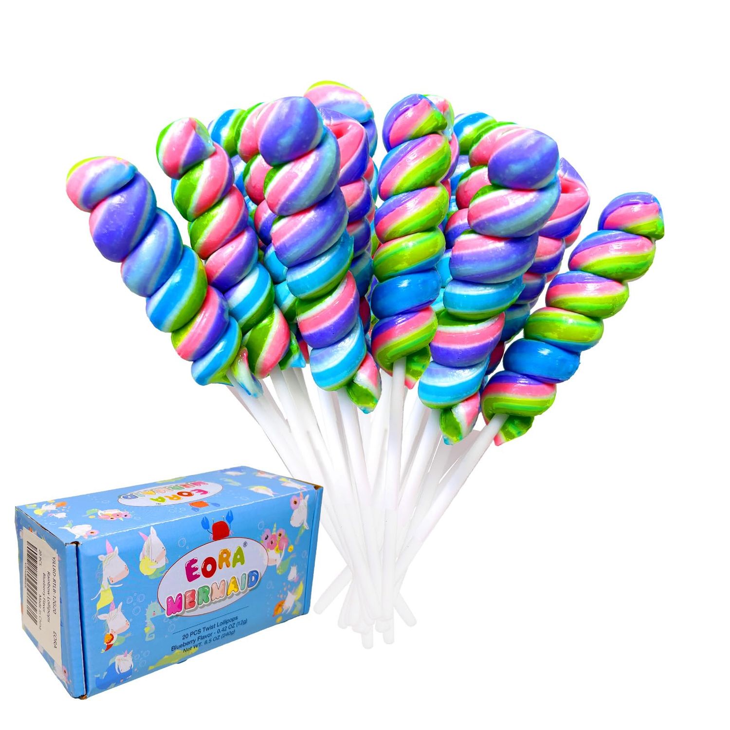 Rainbow Twisty Swirl Lollipops 20pk, Mermaid Lollipops Candy Individually Wrapped Bulk, Mermaid Party Supplies - Unicorn Candy Twist Lollipops Suckers, Unicorn Birthday Party Favors Blueberry Flavor