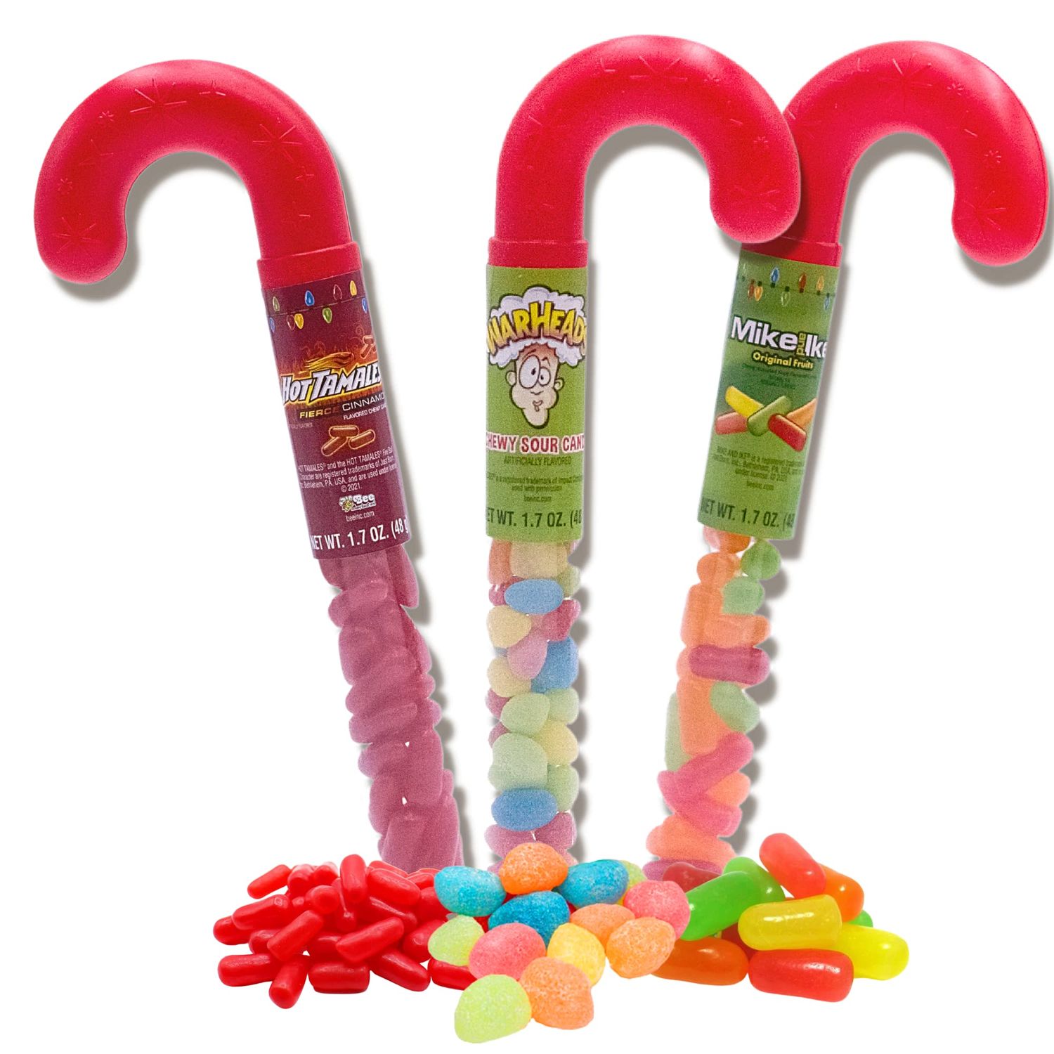 Needzo Assorted Chewy Candies in Candy Cane Clear Packaging, Holiday Treats for Party Favors and Prize Items, Novelty Christmas Stocking Stuffer Gifts, Pack of 3, 1.7 Ounces