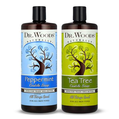Dr. Woods Liquid Castile Soap - Pure Tea Tree Oil and Peppermint Soap, Body Wash for Men and Women, Contains Organic Shea Butter, Natural Cleaner for Face, Hands, and Body - 32 Fl Oz, Pack of 2
