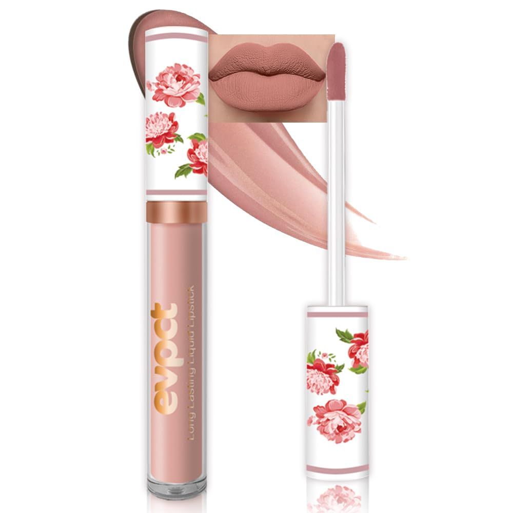 evpct 1Pcs Nude Matte Liquid Lipstick Lip Stain Sets for Women, Peony Flower Nude Brown Pink MatteLipstick Long Lasting Permanent 24 hr Hours Magic Lipstick 24 Hours original Waterproof, 01