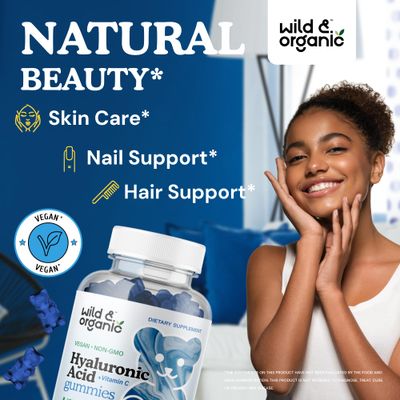 Wild Organic Hyaluronic Acid Gummies 250mg - Pure Hyaluronic Acid Supplements - Hair Skin and Nails Gummies wHA Powder - Skin Supplement wVitamin C - 60 Vegan Chewables